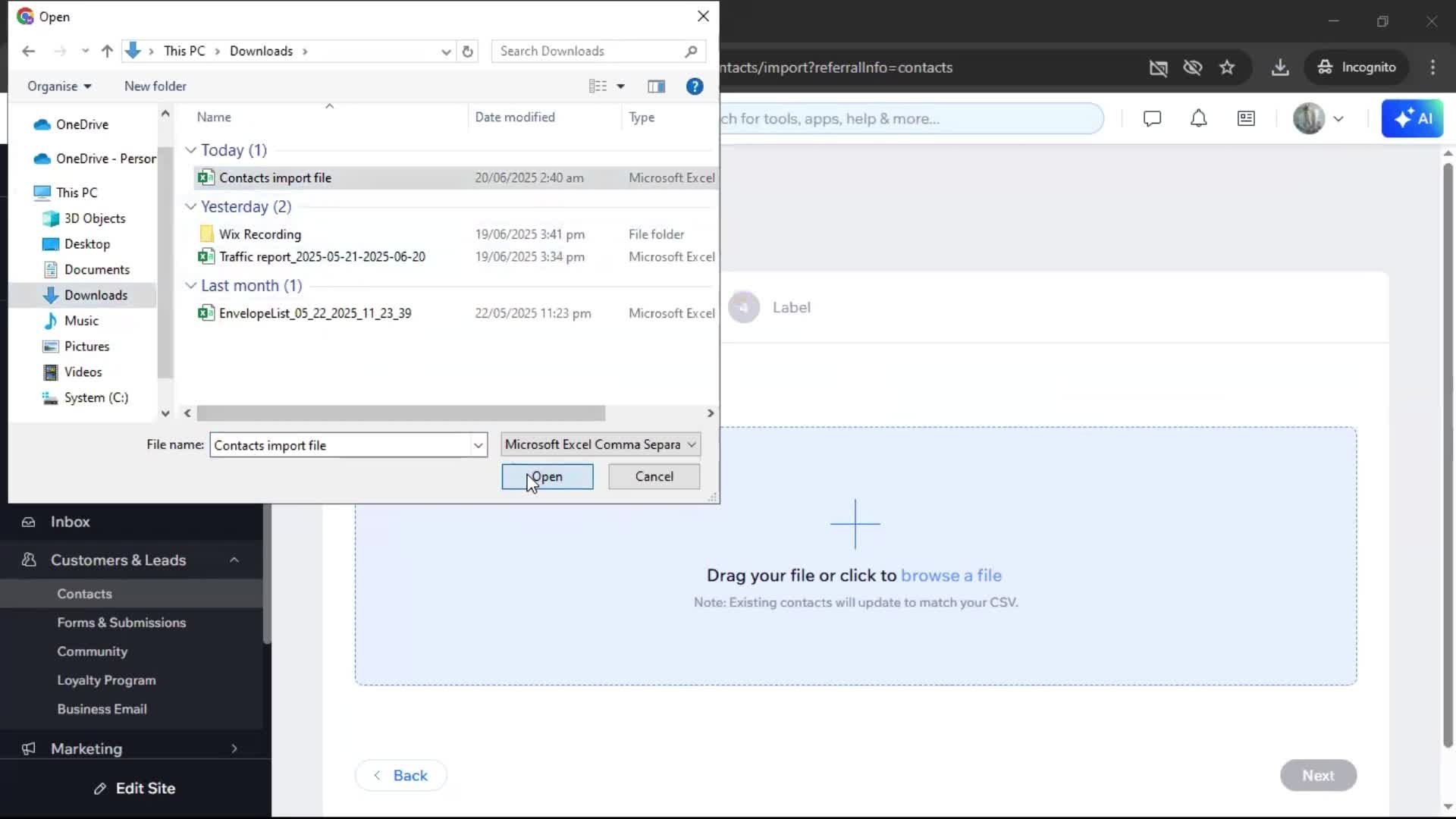 Importing data screenshot