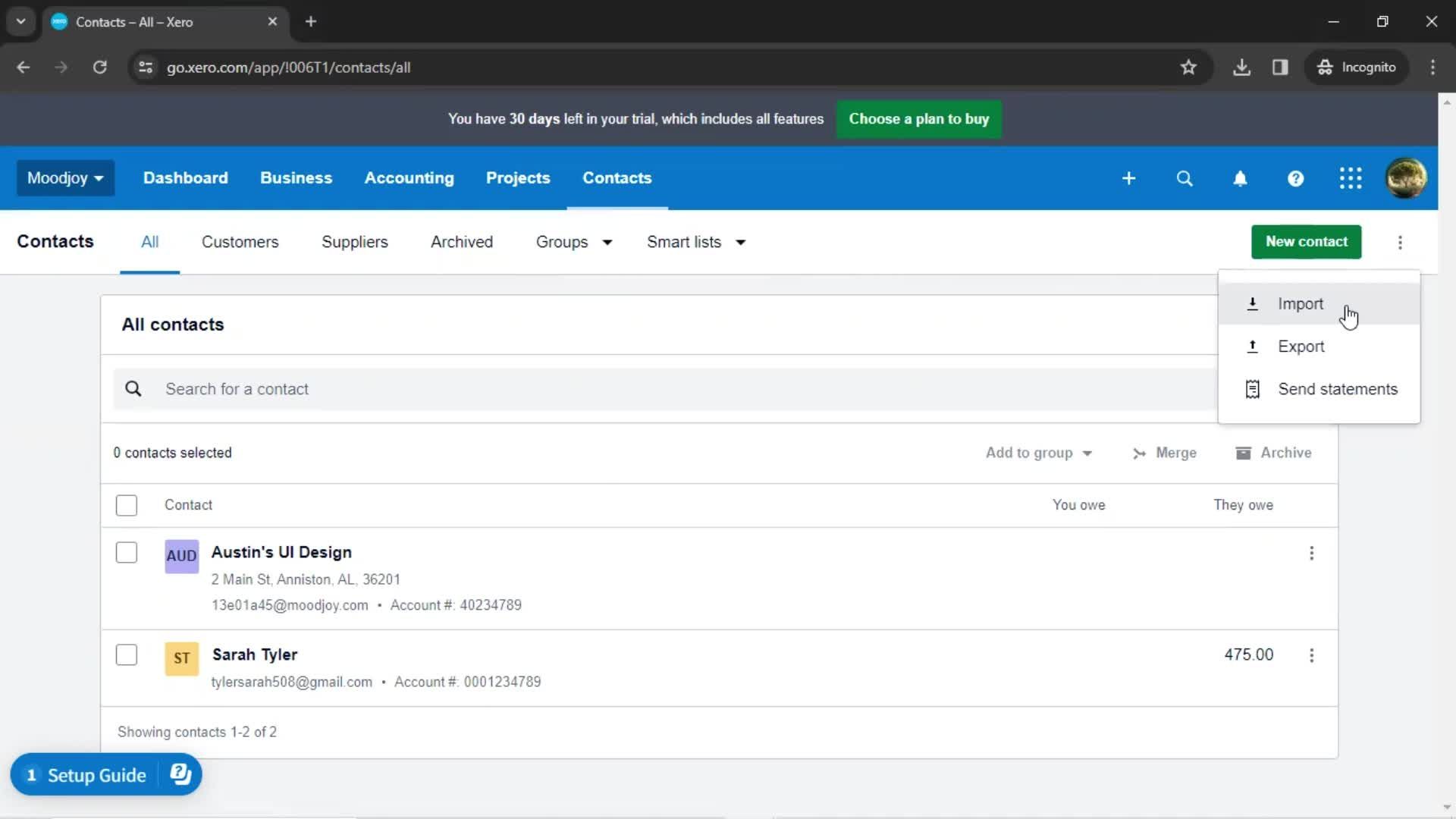 Importing contacts screenshot