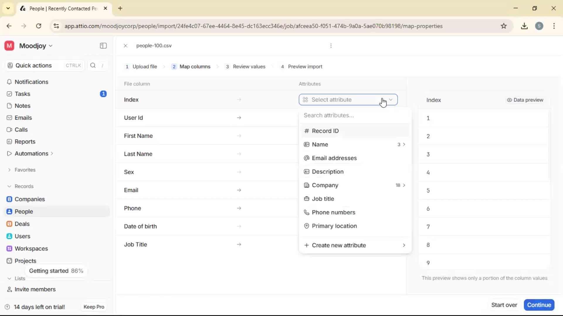 Importing data screenshot