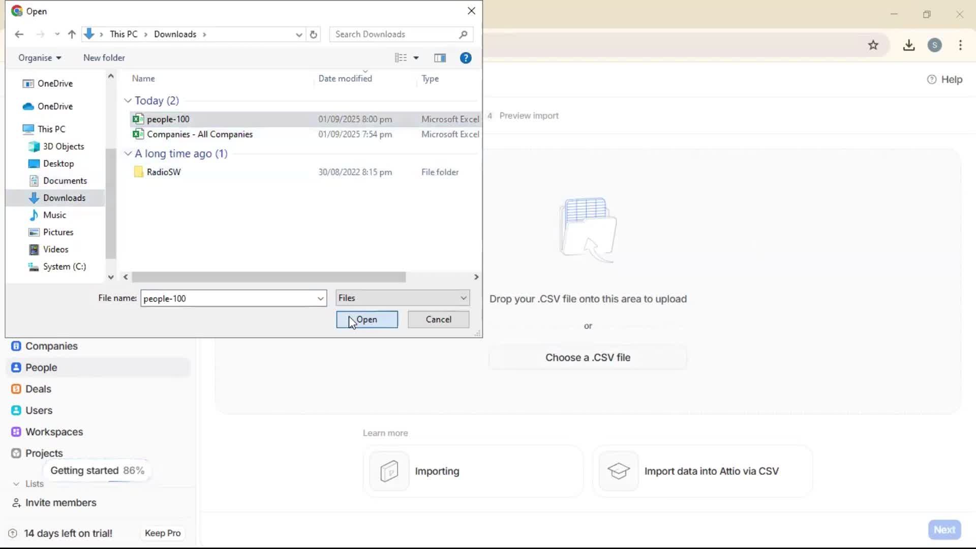 Importing data screenshot