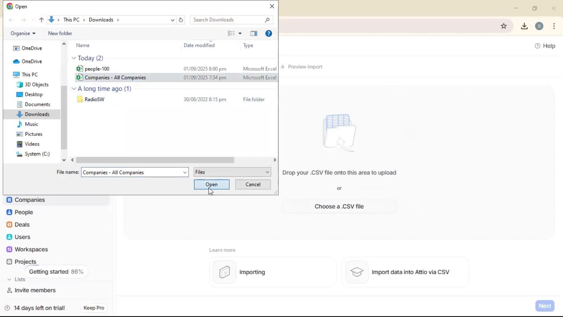 Importing data screenshot