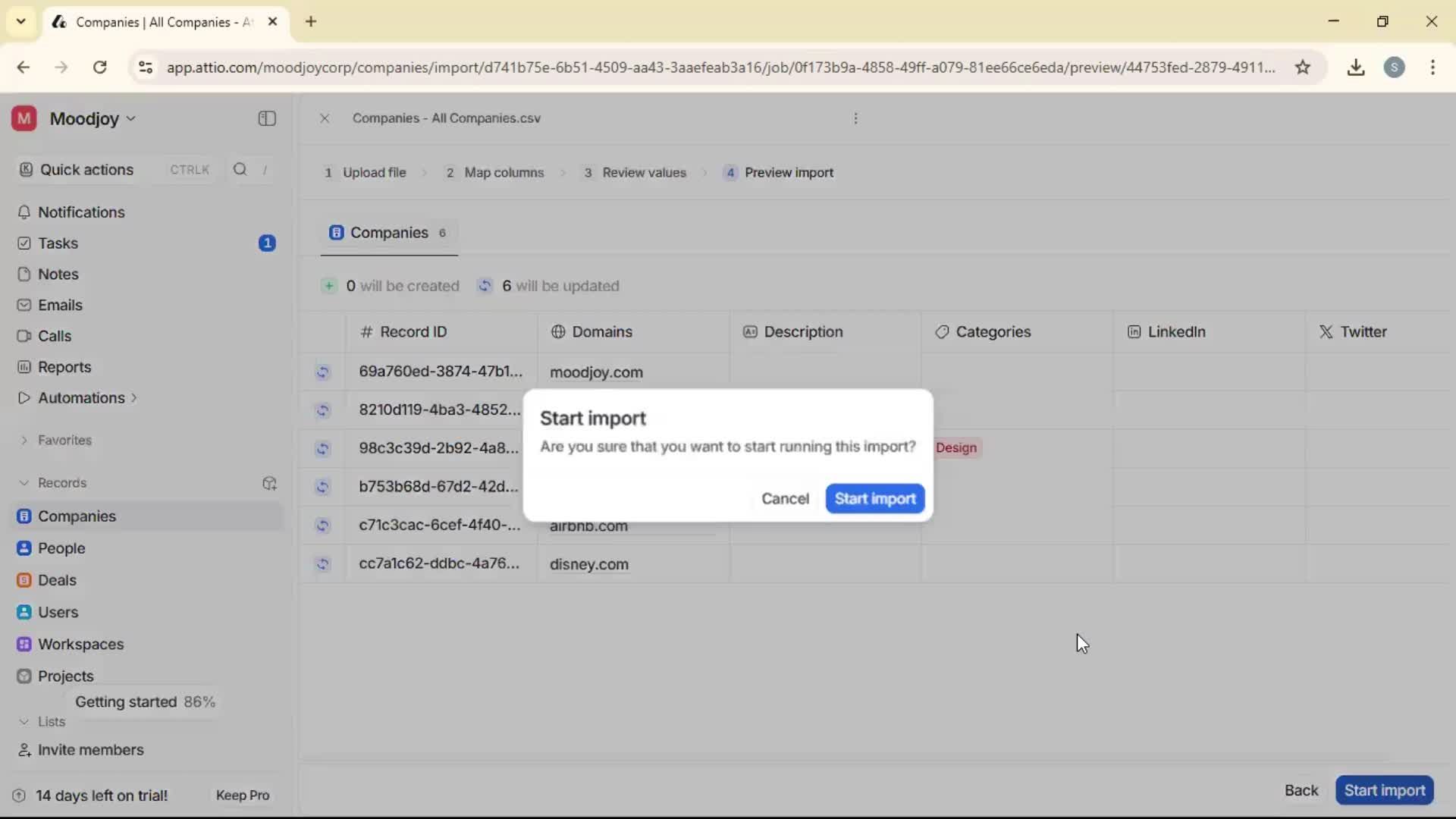 Importing data screenshot