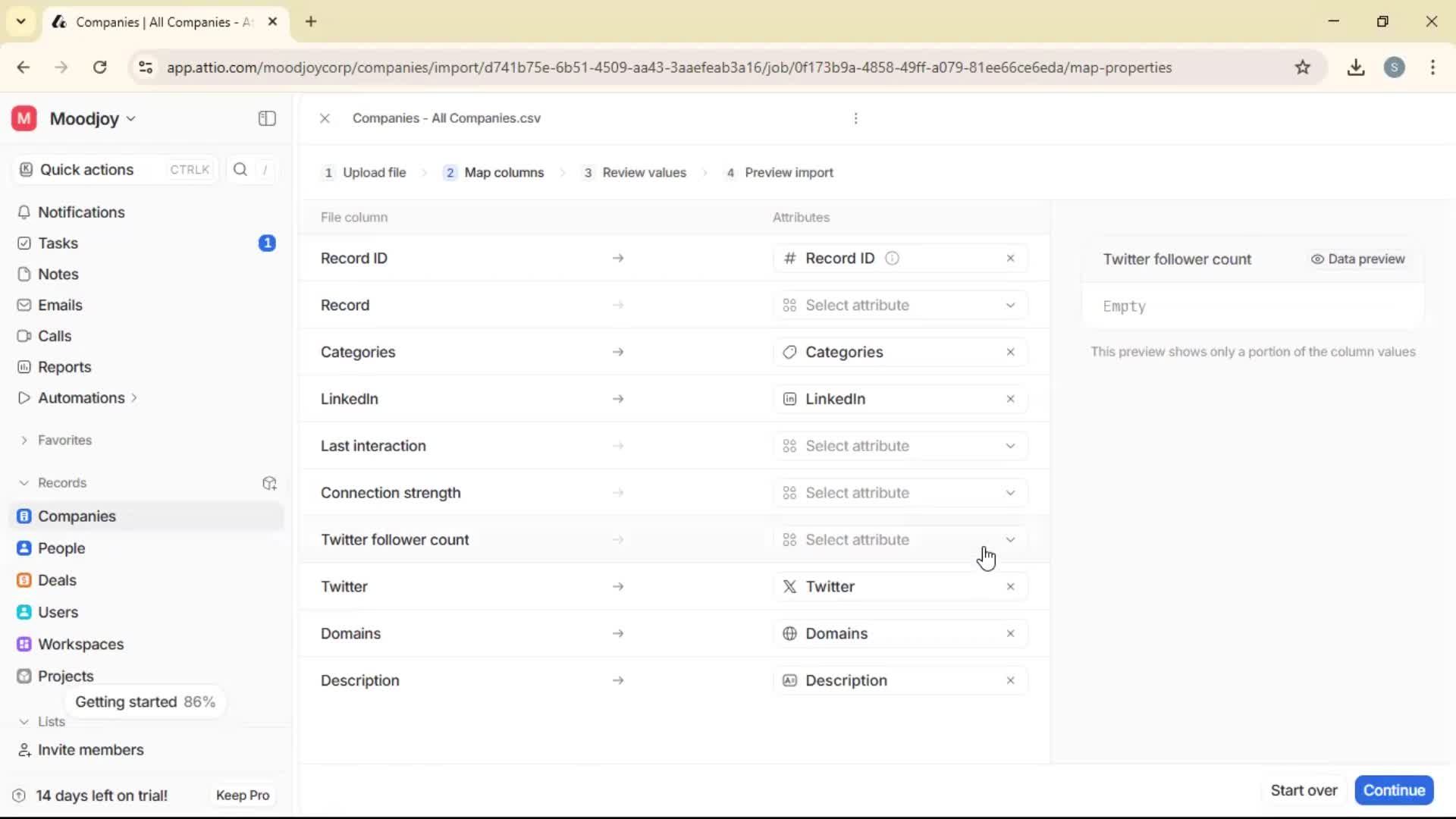 Importing data screenshot