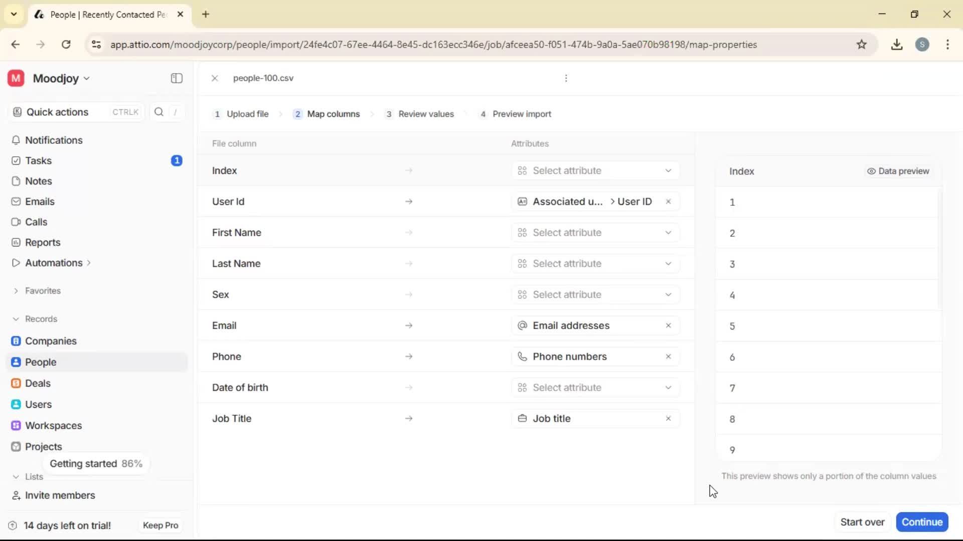 Importing data screenshot