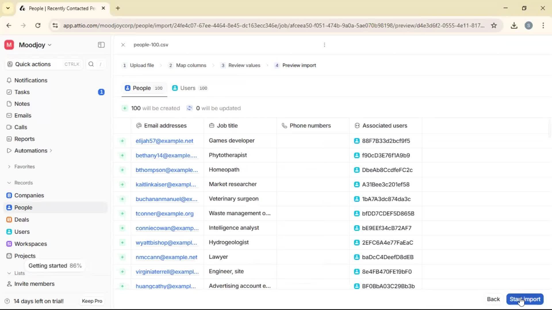 Importing data screenshot