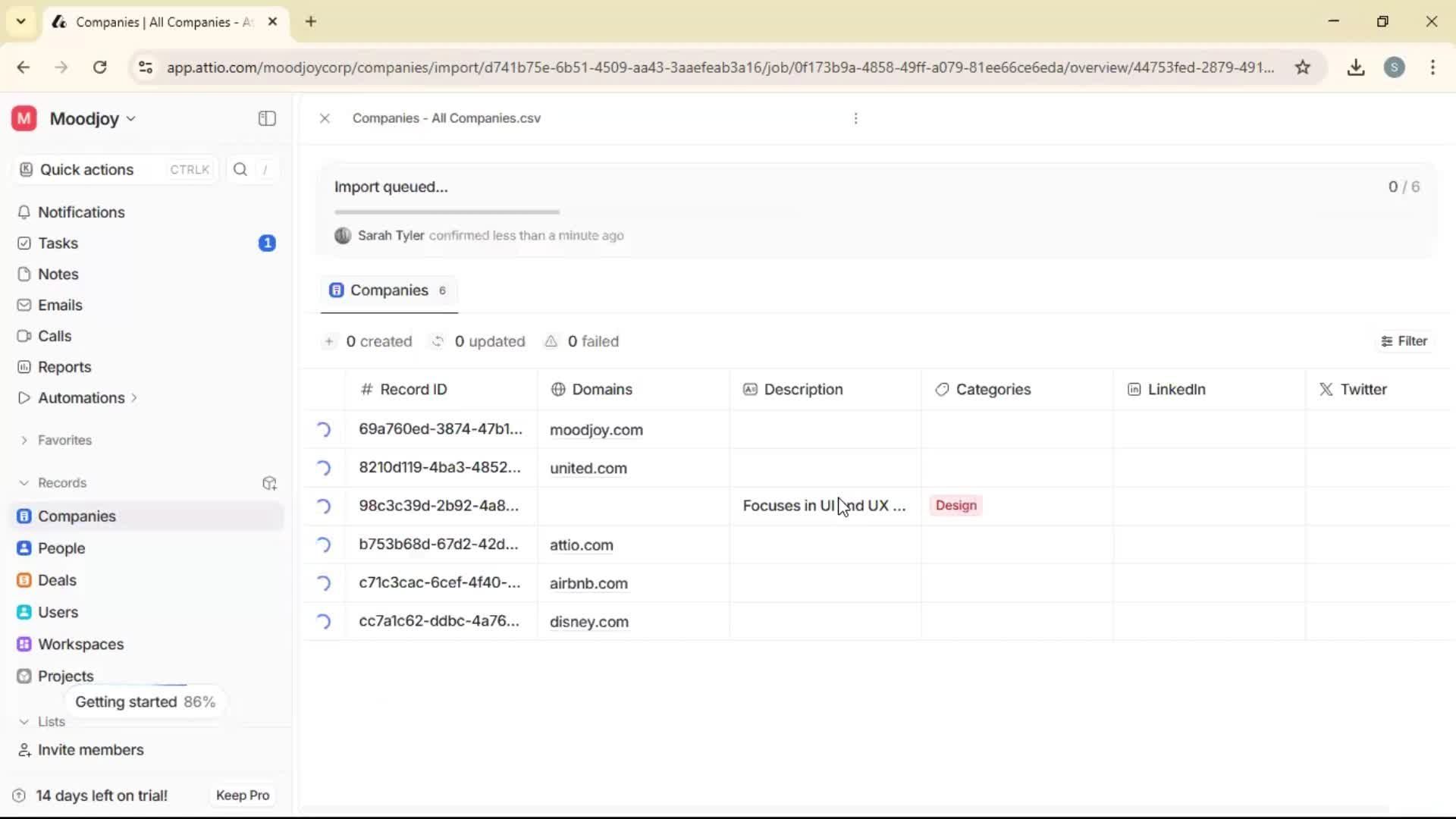 Importing data screenshot