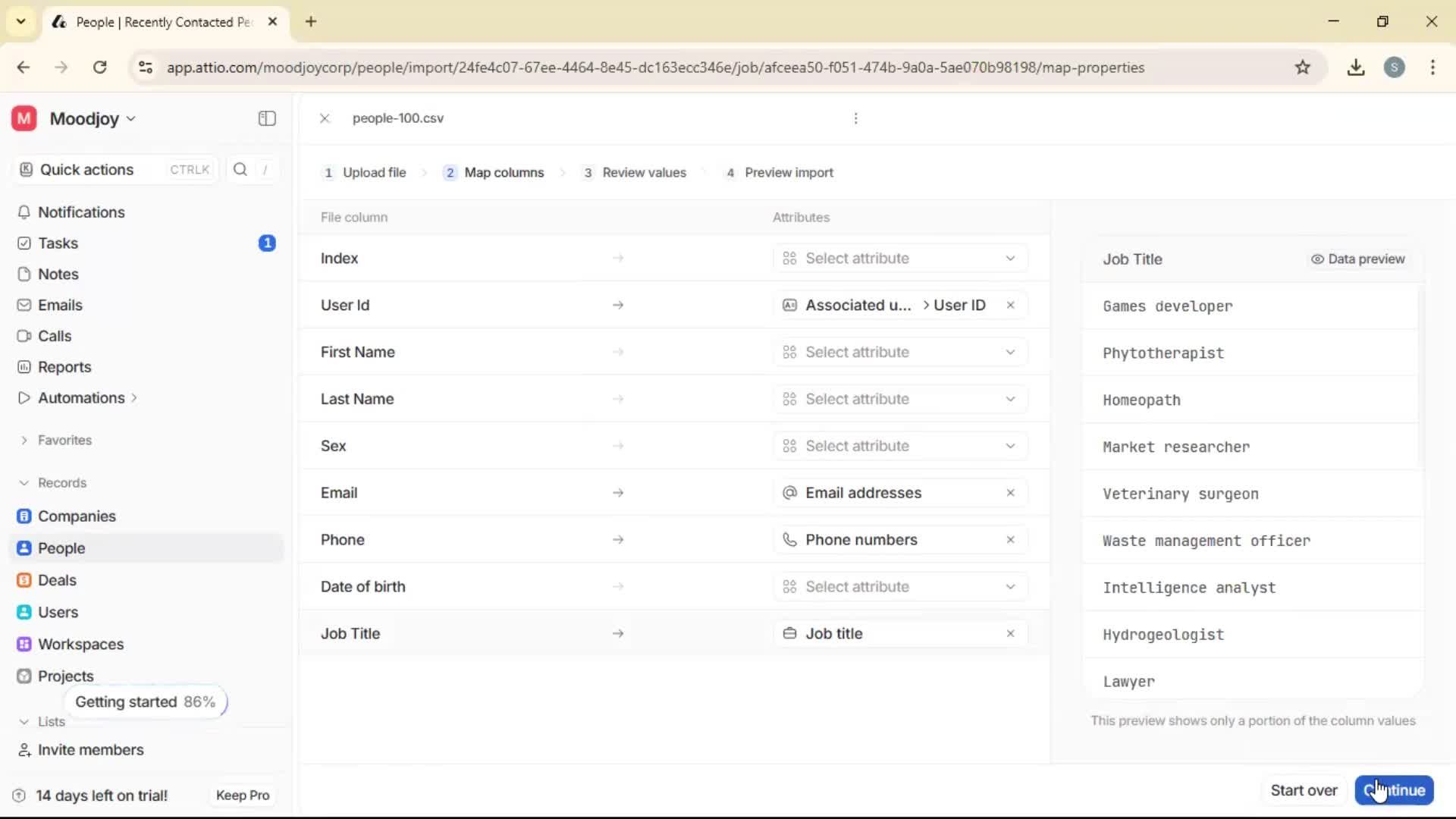 Importing data screenshot