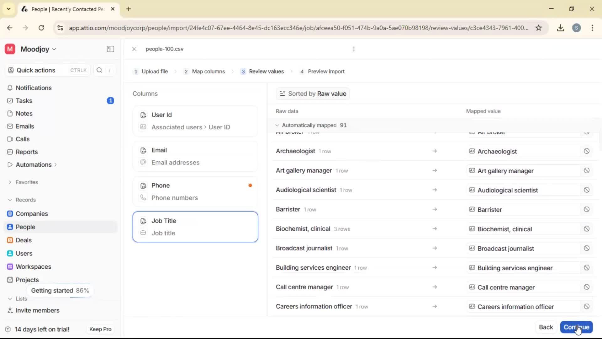 Importing data screenshot