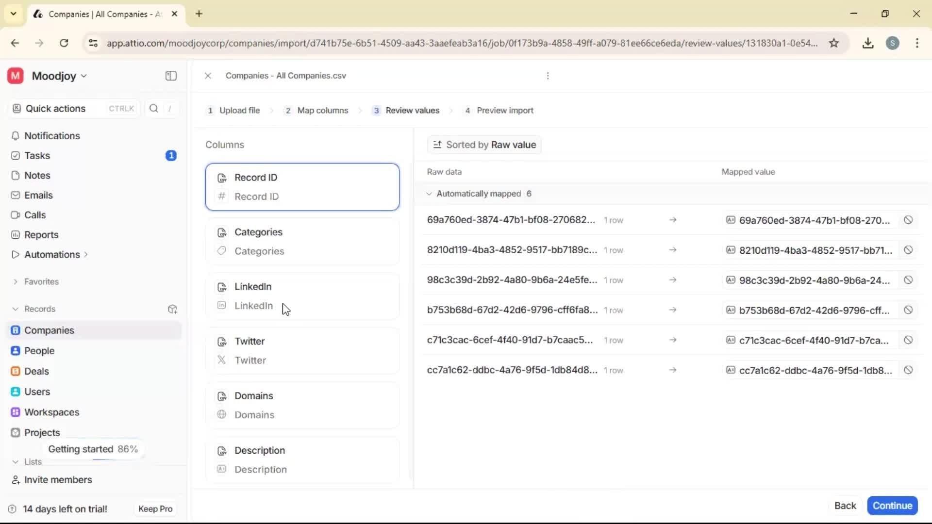 Importing data screenshot