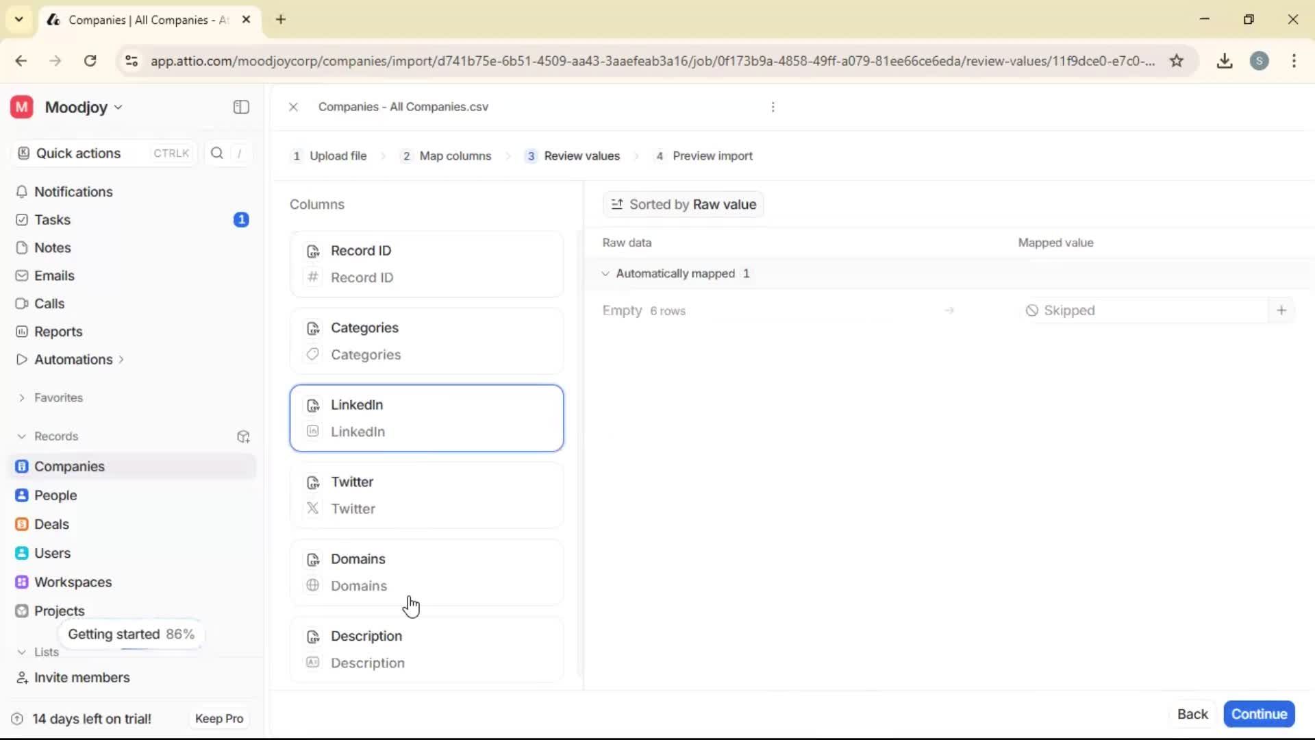 Importing data screenshot
