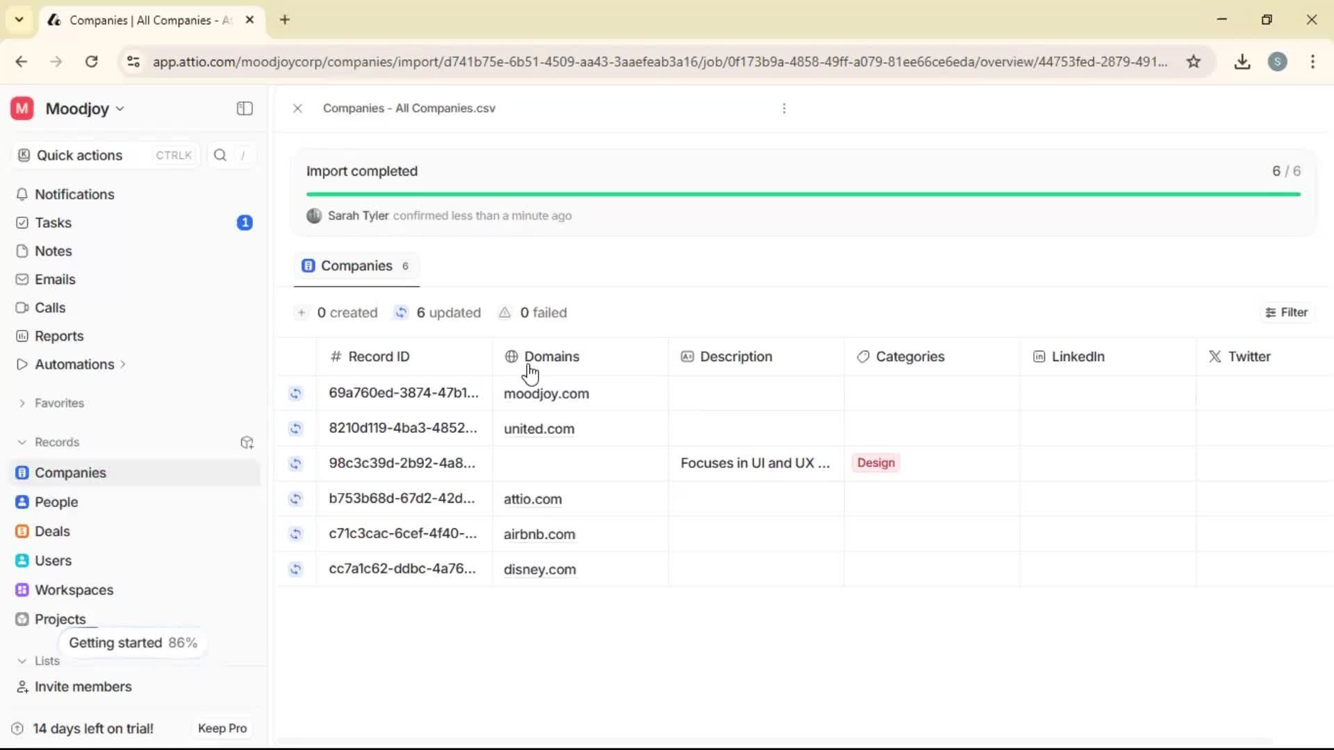 Importing data screenshot