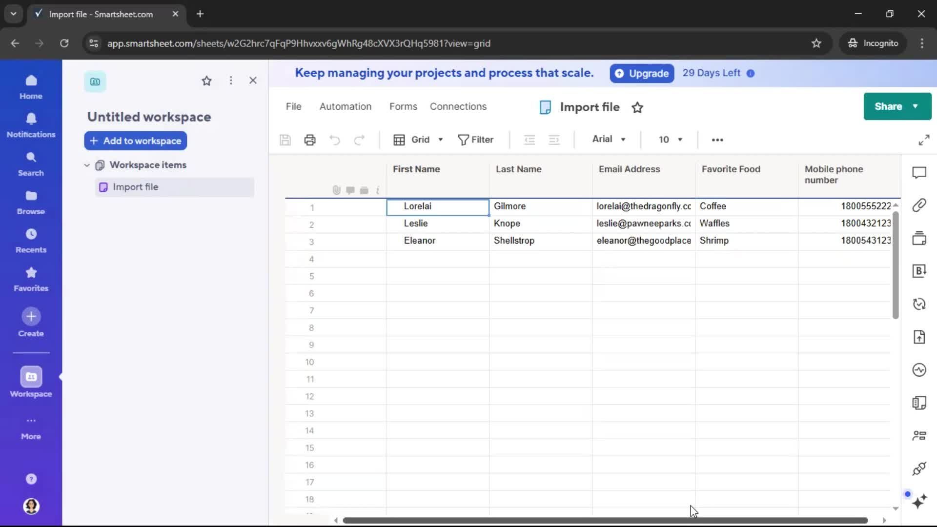 Importing data screenshot