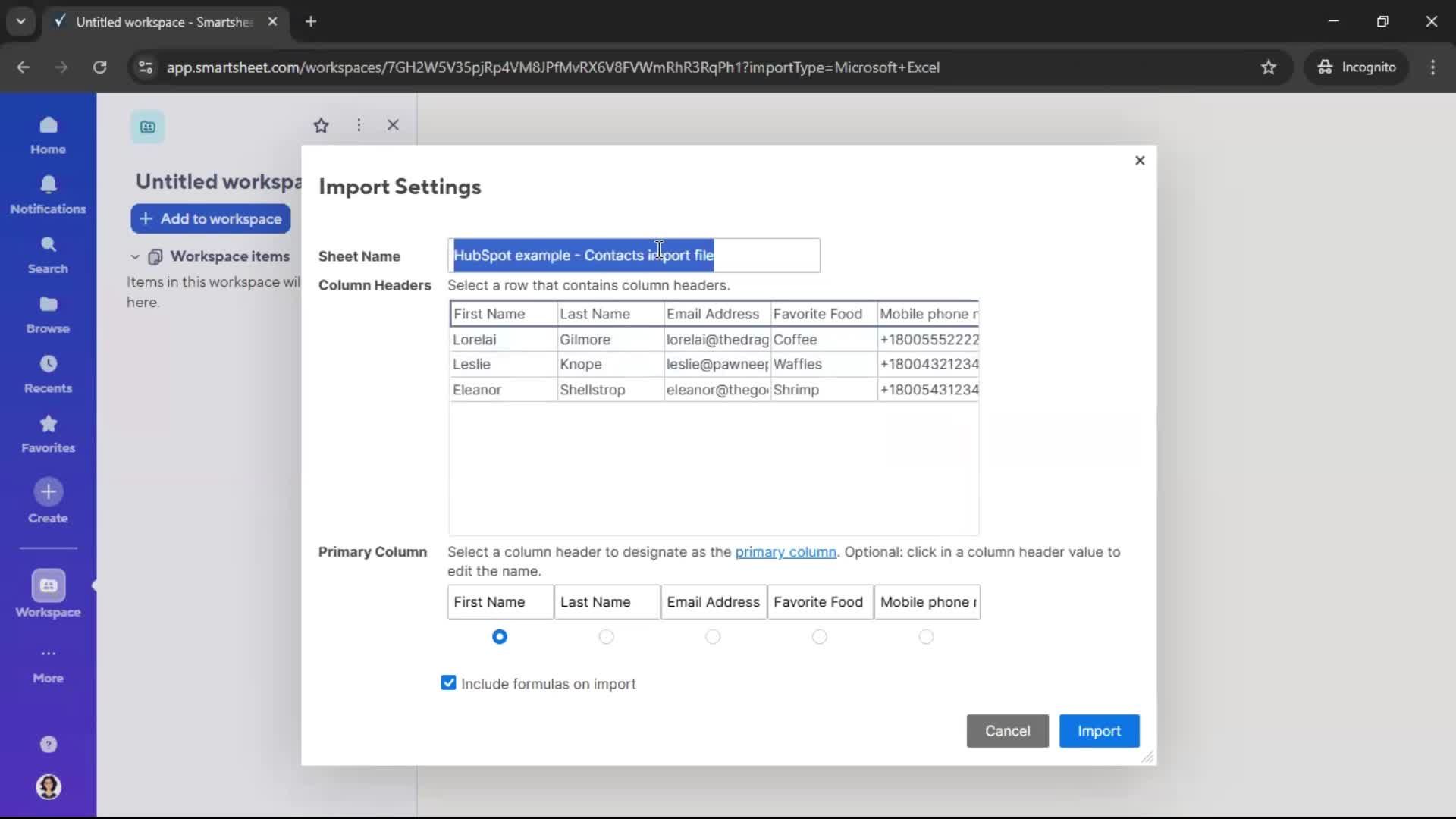 Importing data screenshot