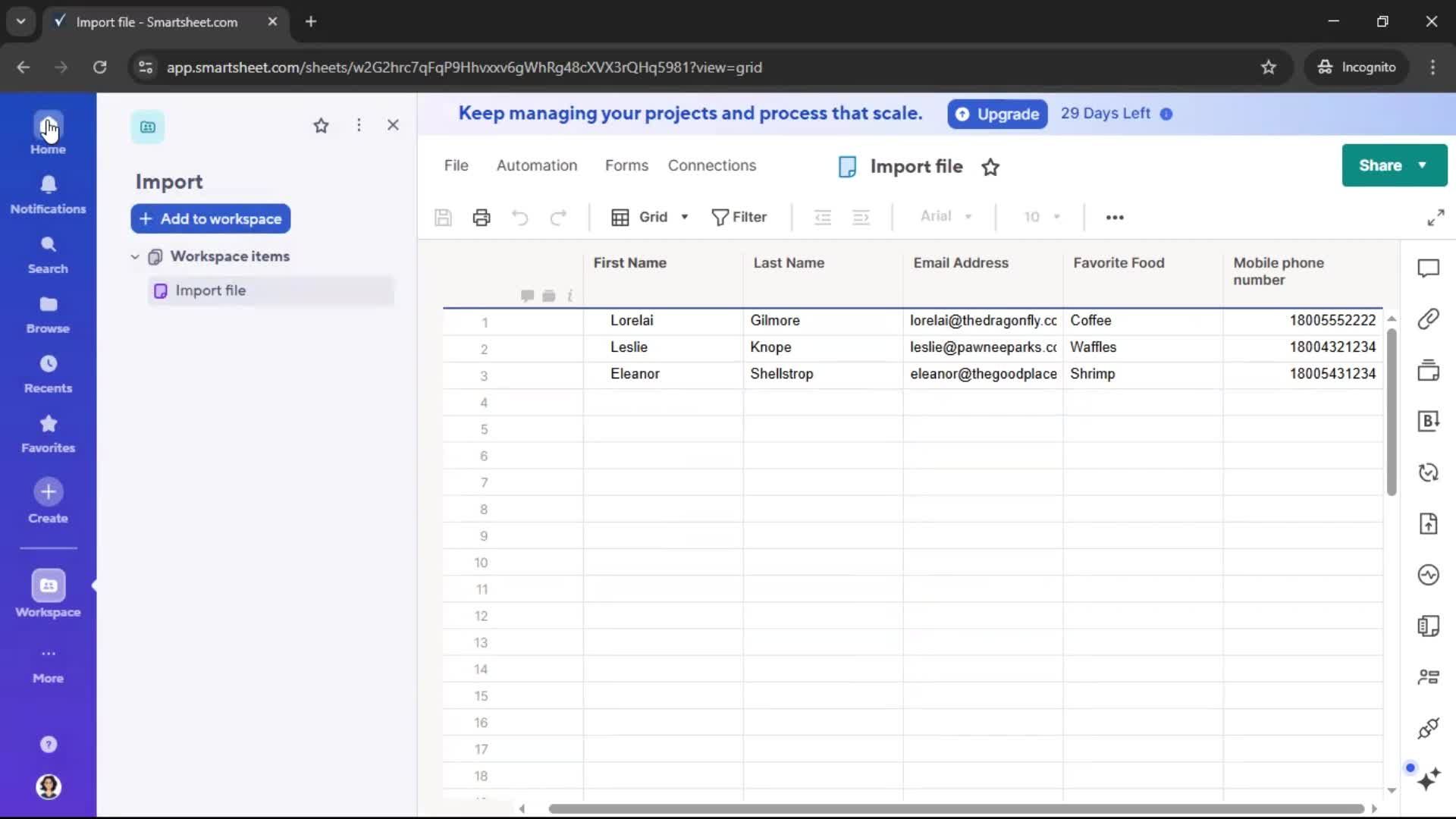 Importing data screenshot