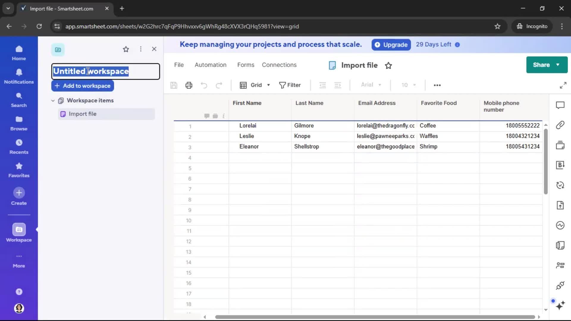 Importing data screenshot
