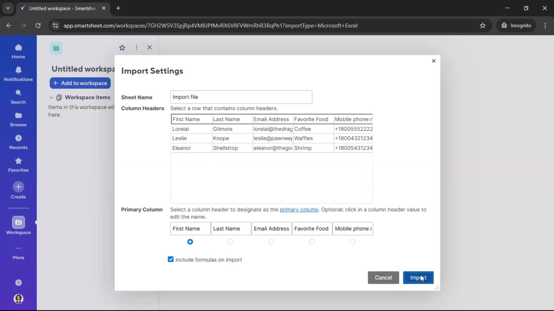 Importing data screenshot