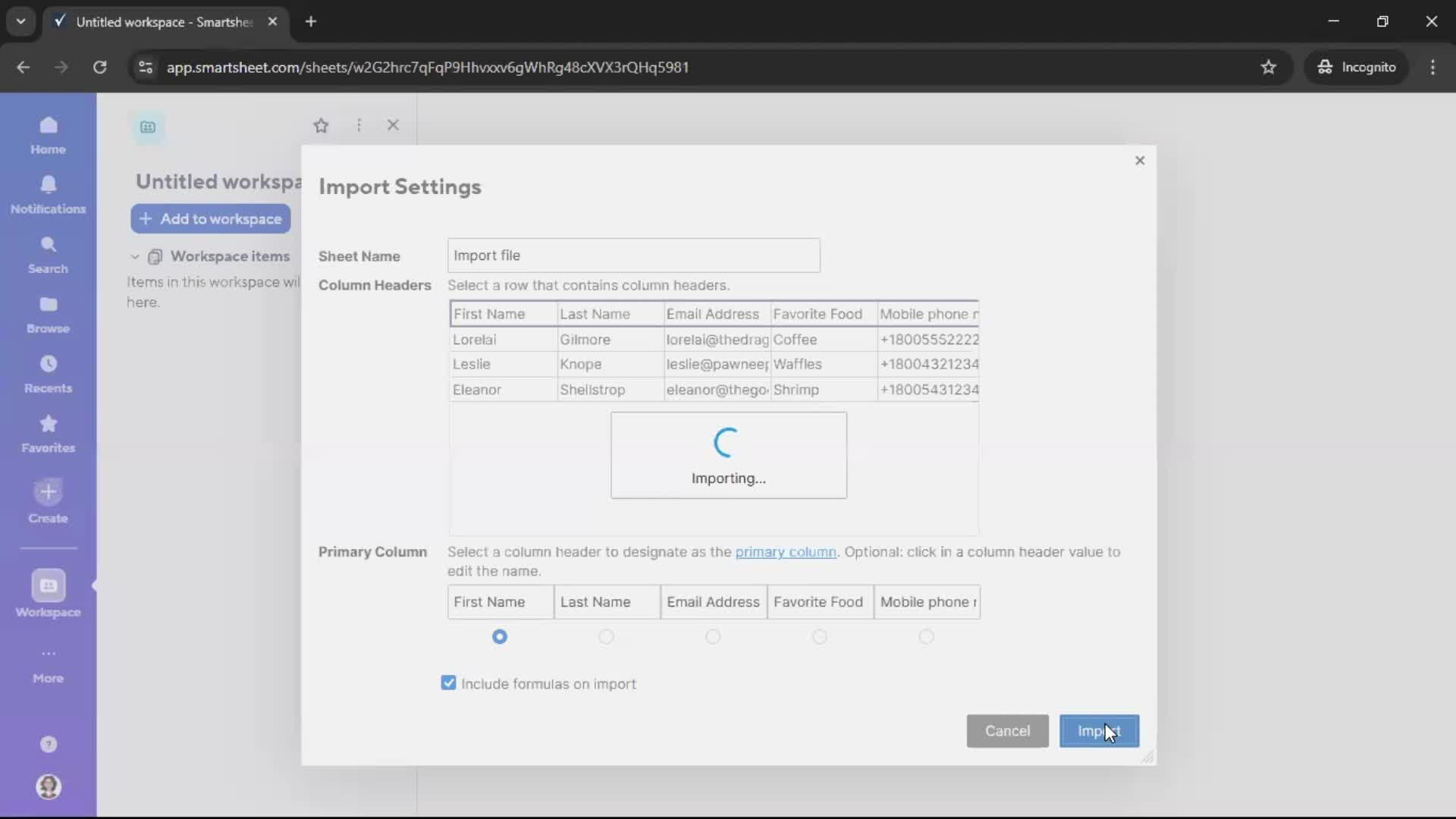 Importing data screenshot