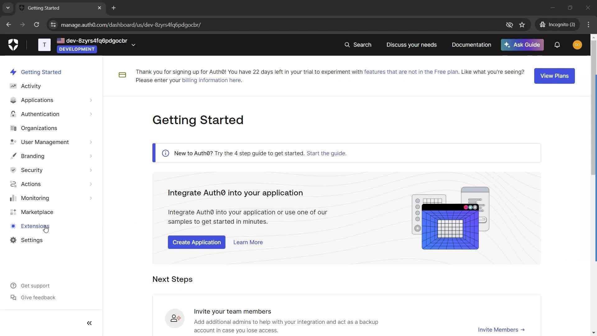 Installing extensions screenshot