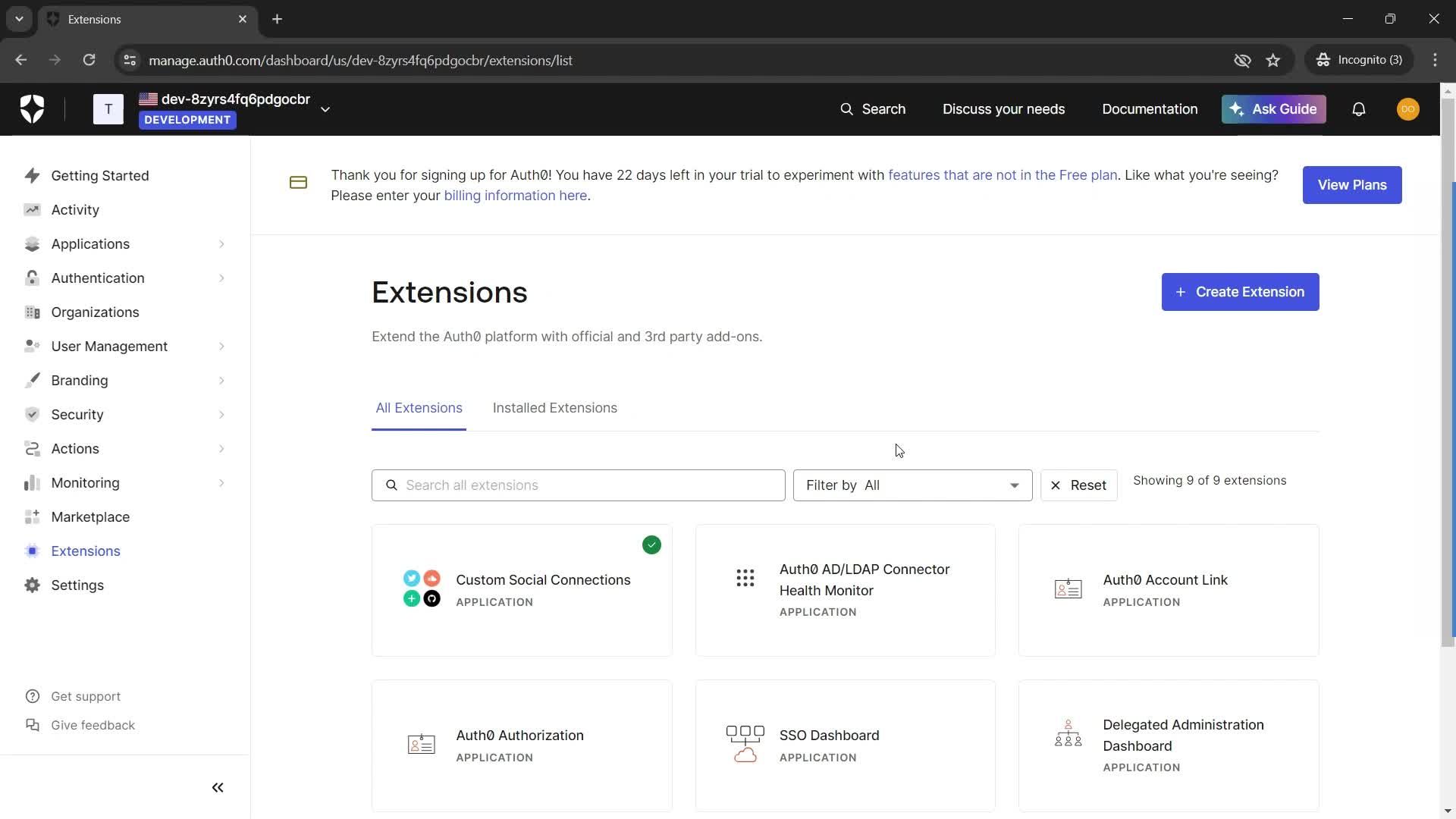 Installing extensions screenshot