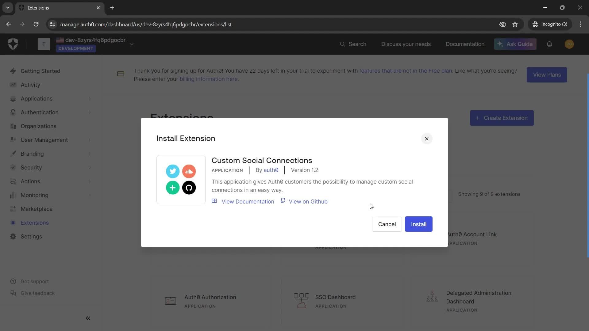 Installing extensions screenshot