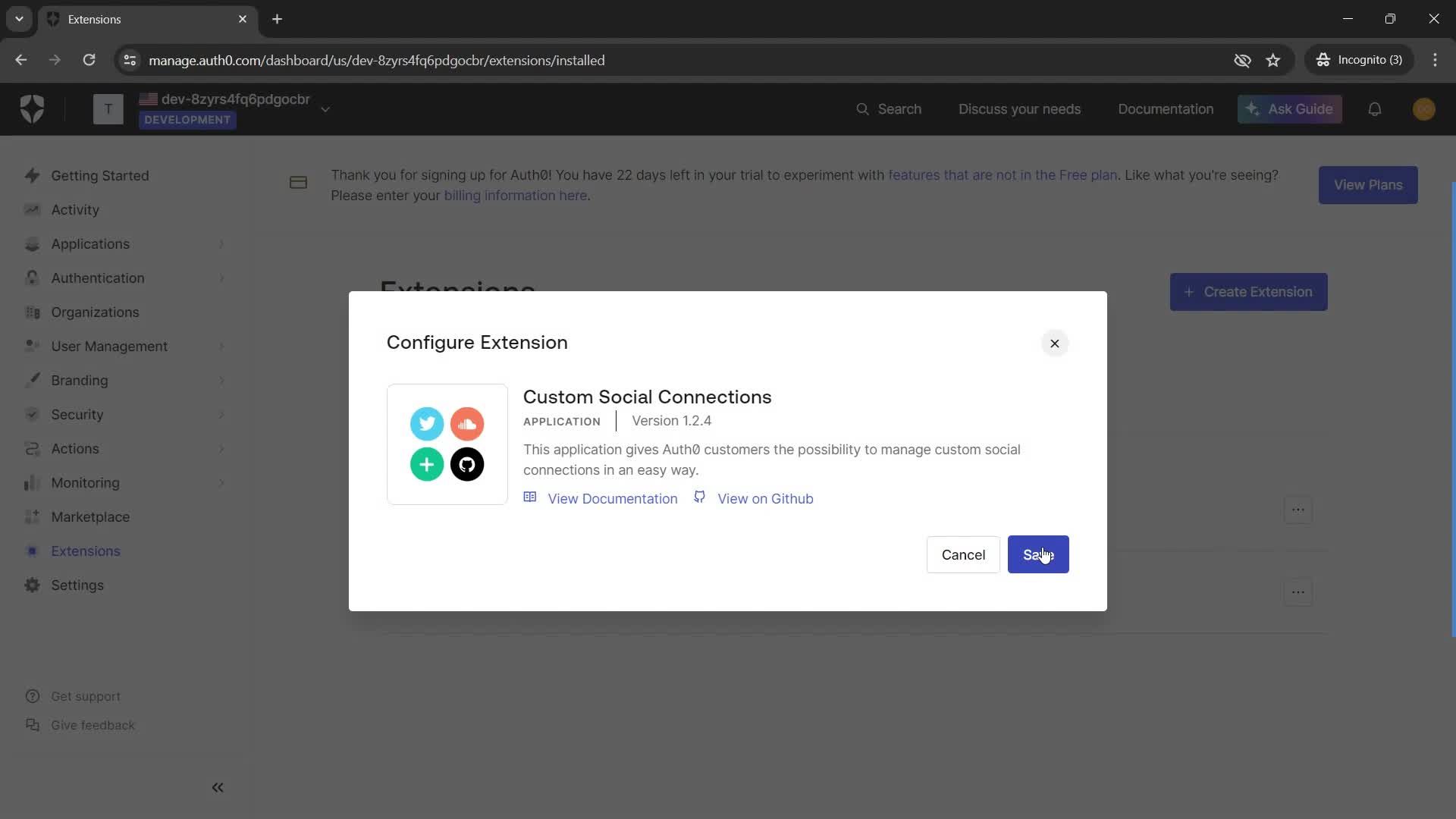 Installing extensions screenshot