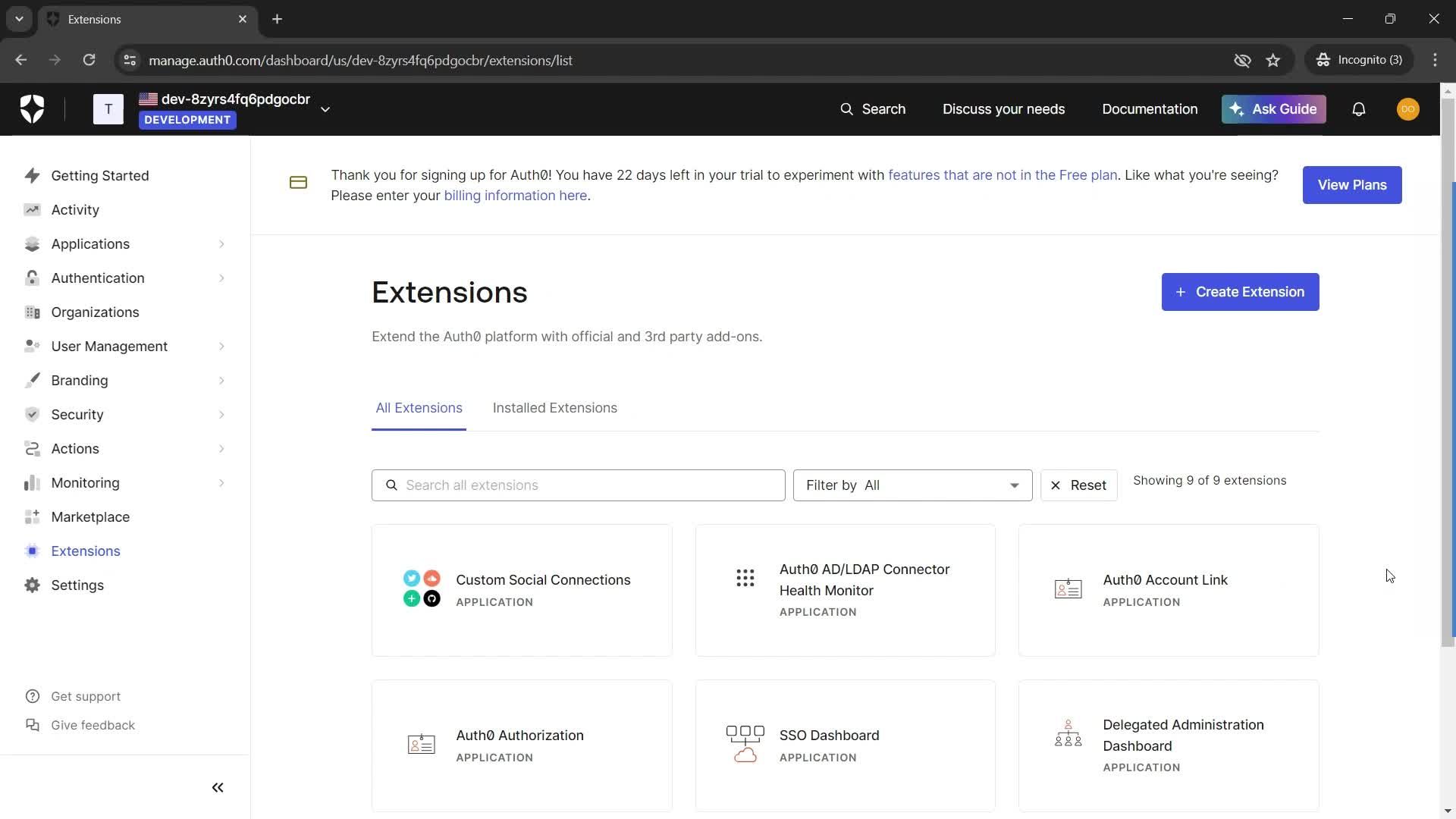 Installing extensions screenshot