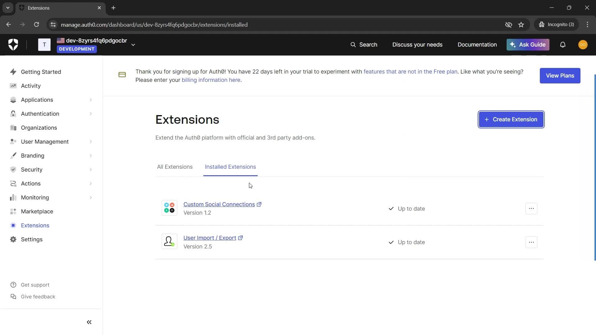 Installing extensions screenshot