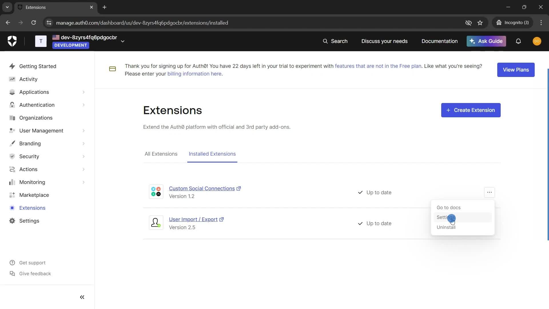 Installing extensions screenshot
