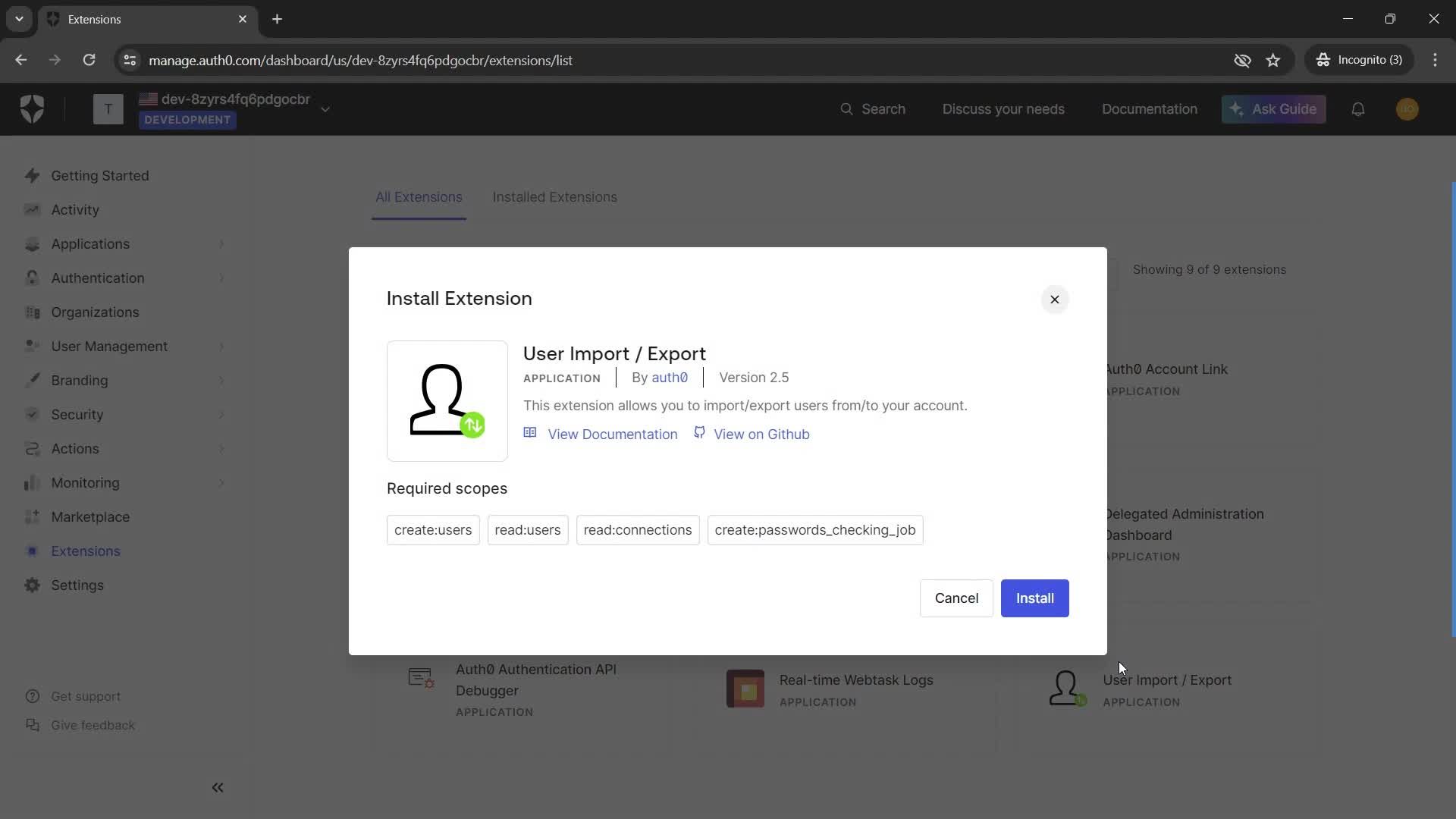 Installing extensions screenshot