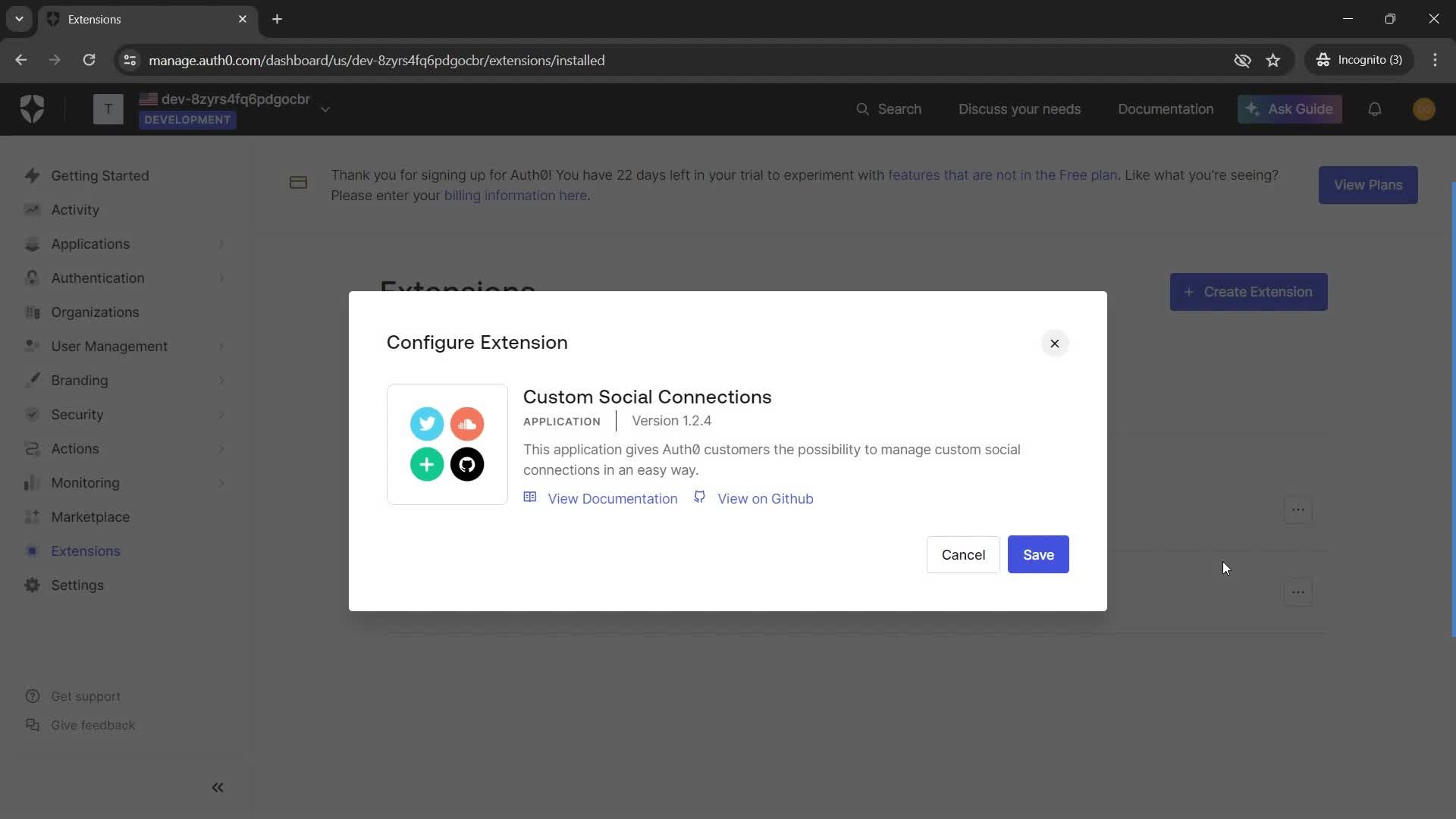 Installing extensions screenshot