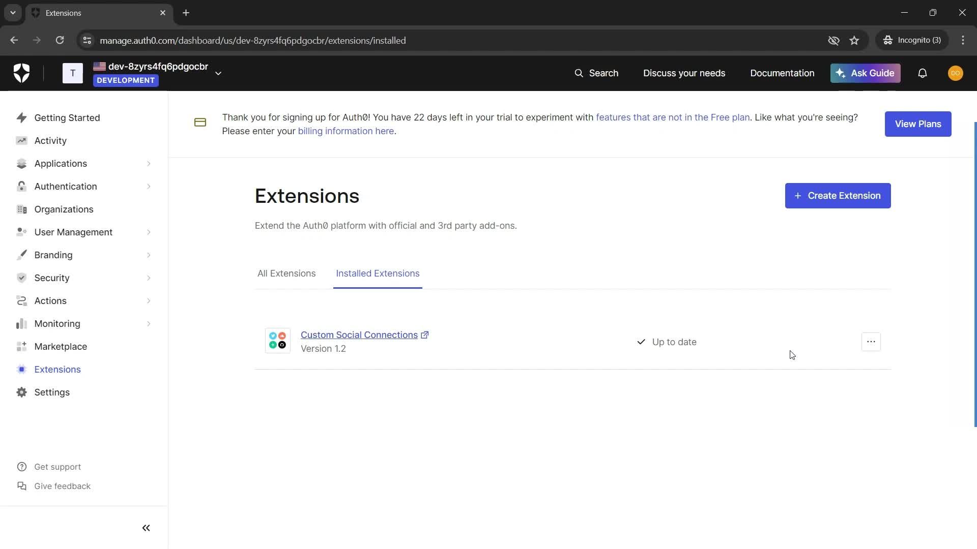 Installing extensions screenshot