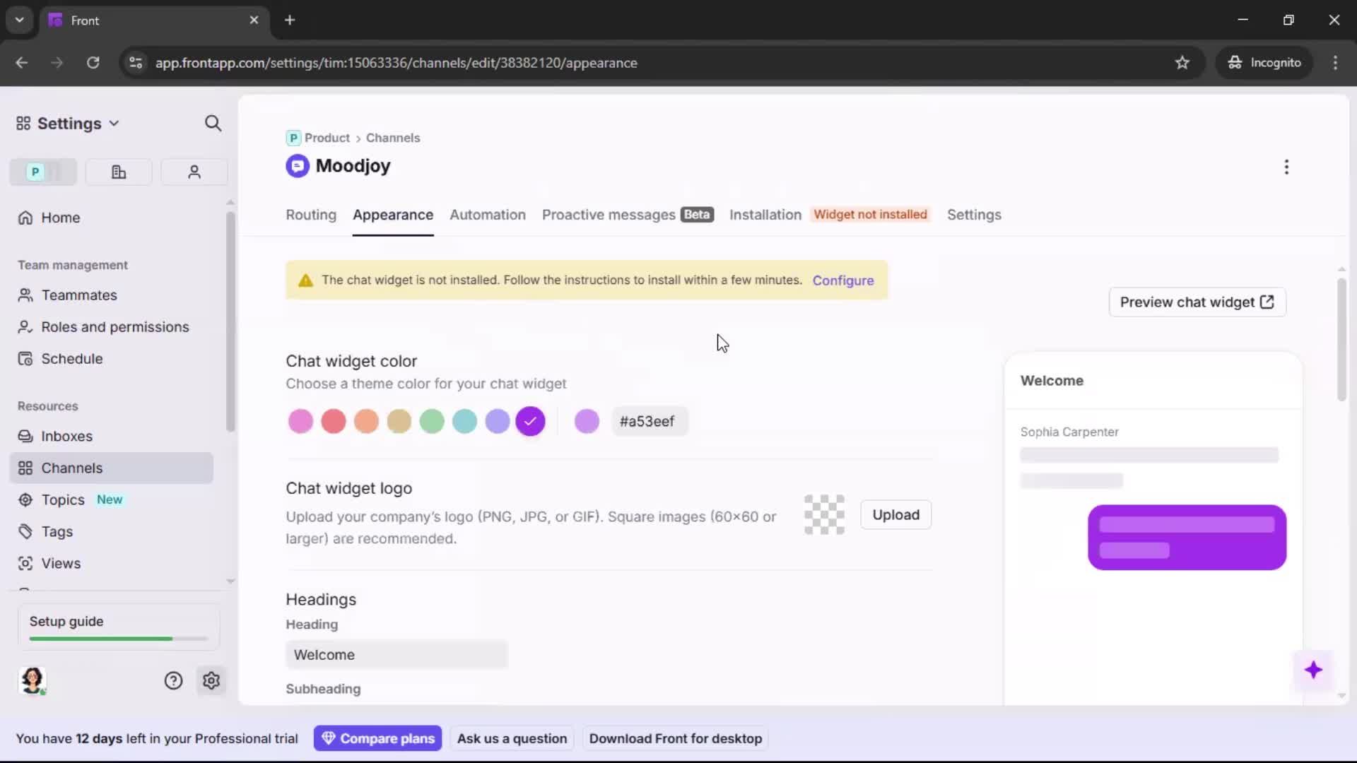 Installing a widget screenshot