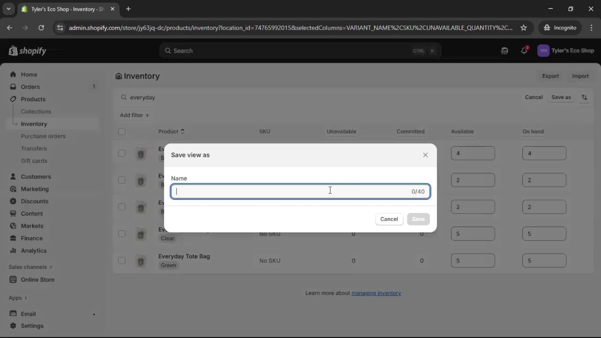 Managing inventory screenshot