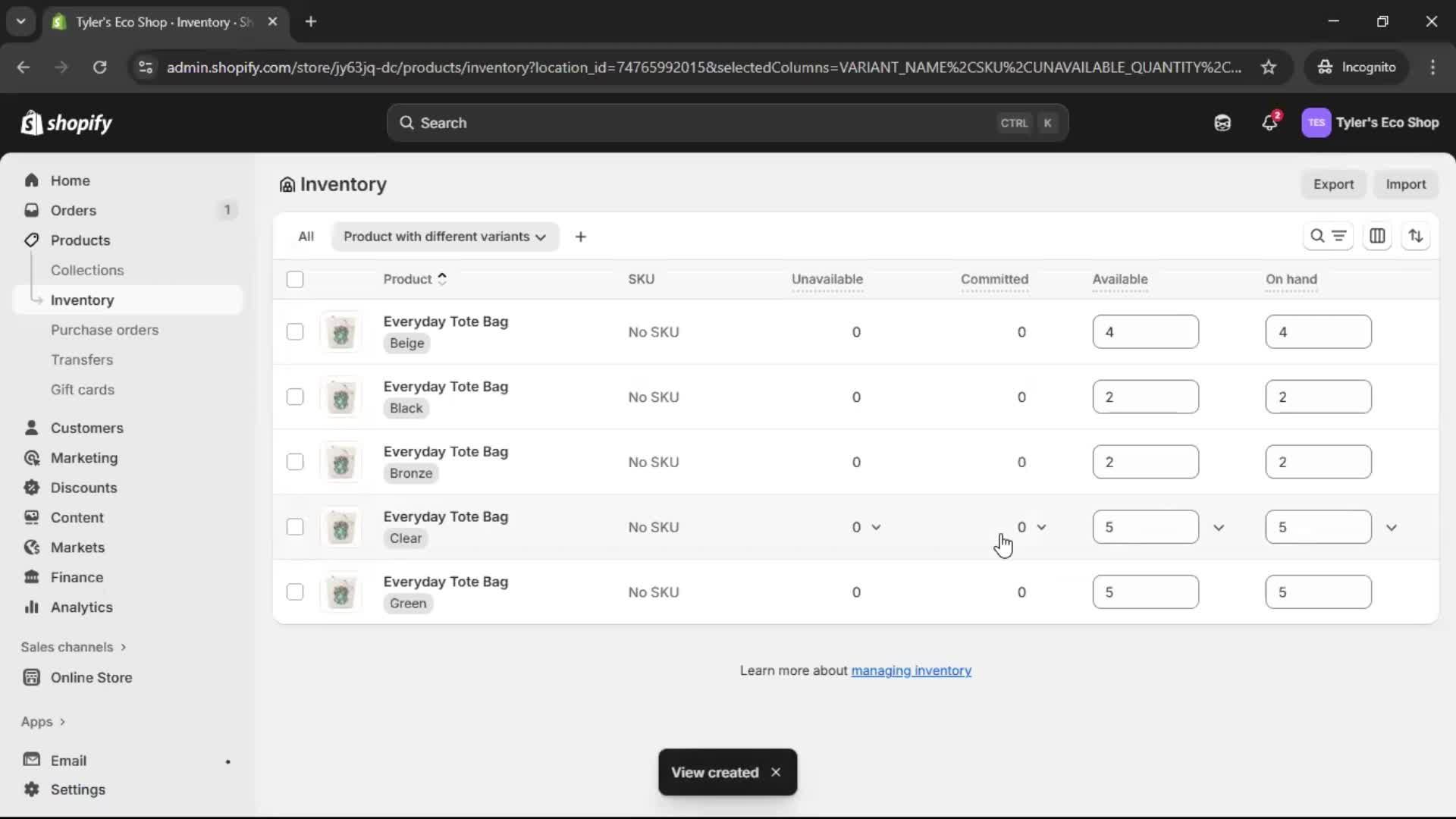 Managing inventory screenshot