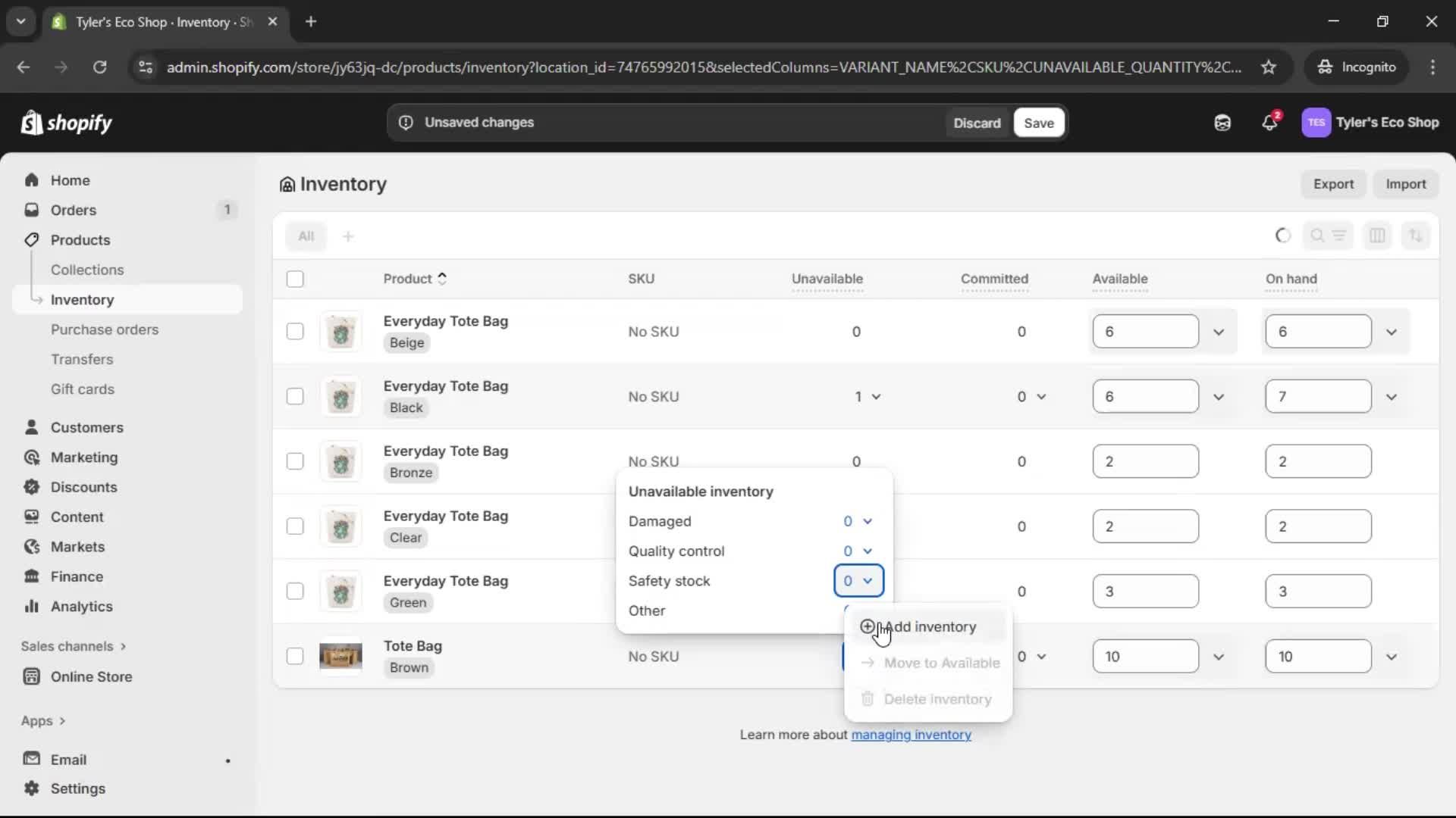 Managing inventory screenshot