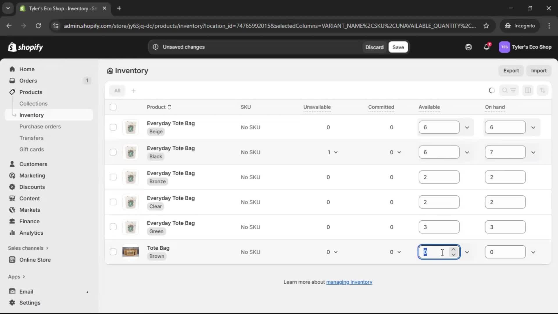 Managing inventory screenshot
