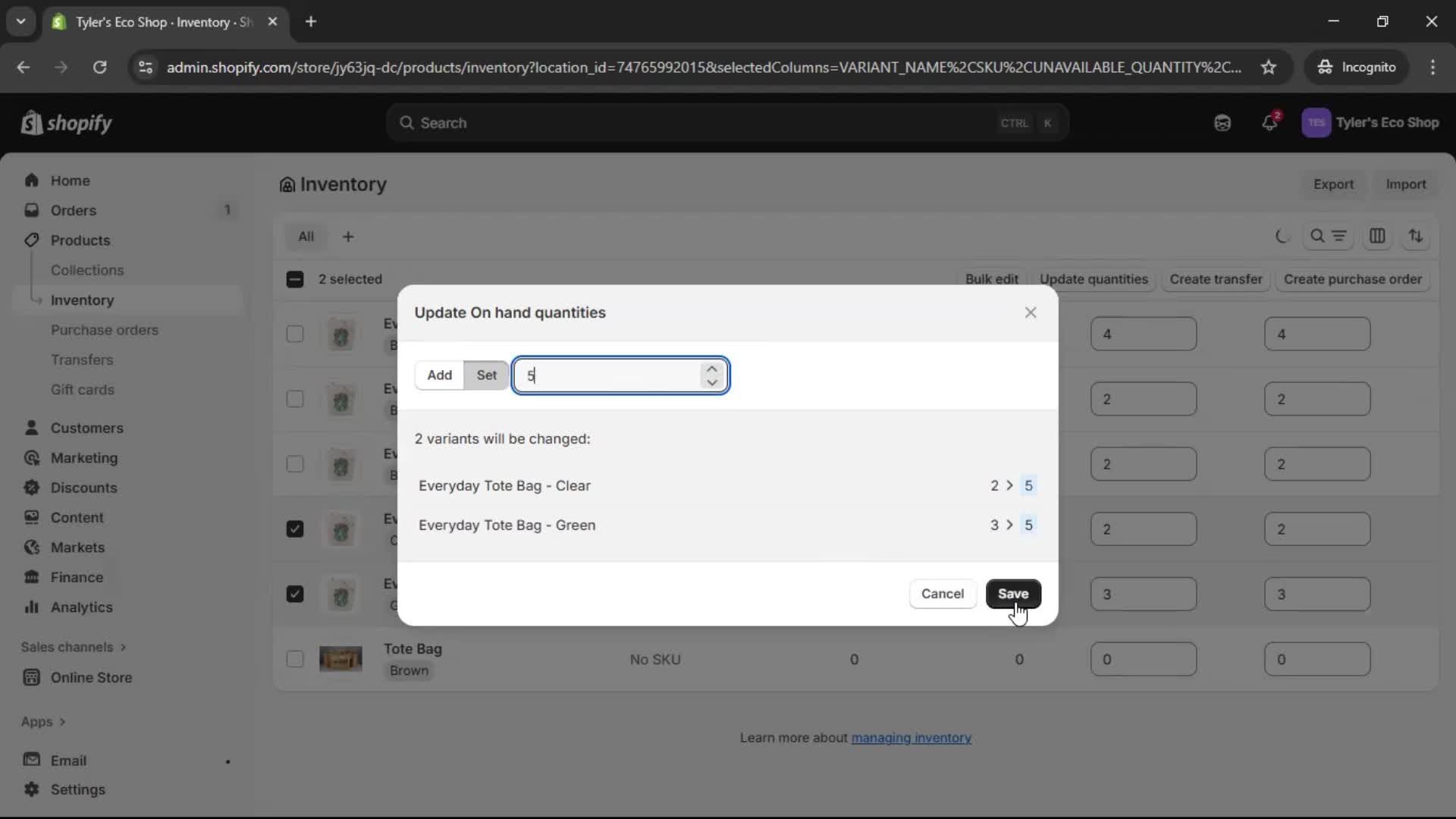 Managing inventory screenshot