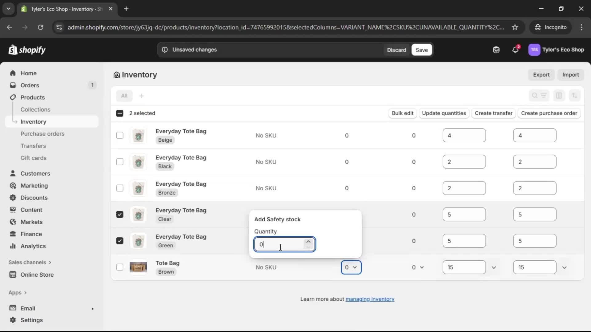 Managing inventory screenshot