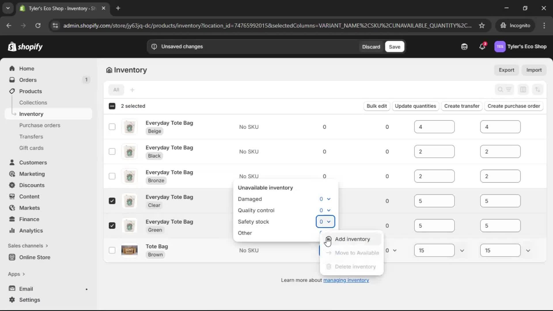 Managing inventory screenshot