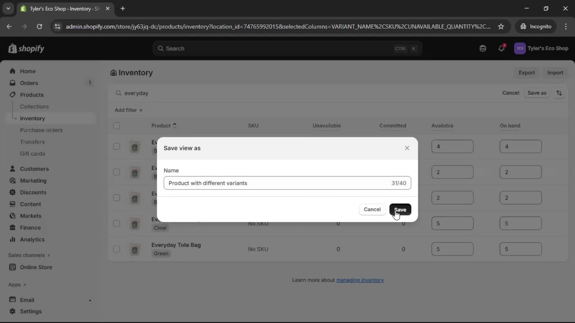 Managing inventory screenshot