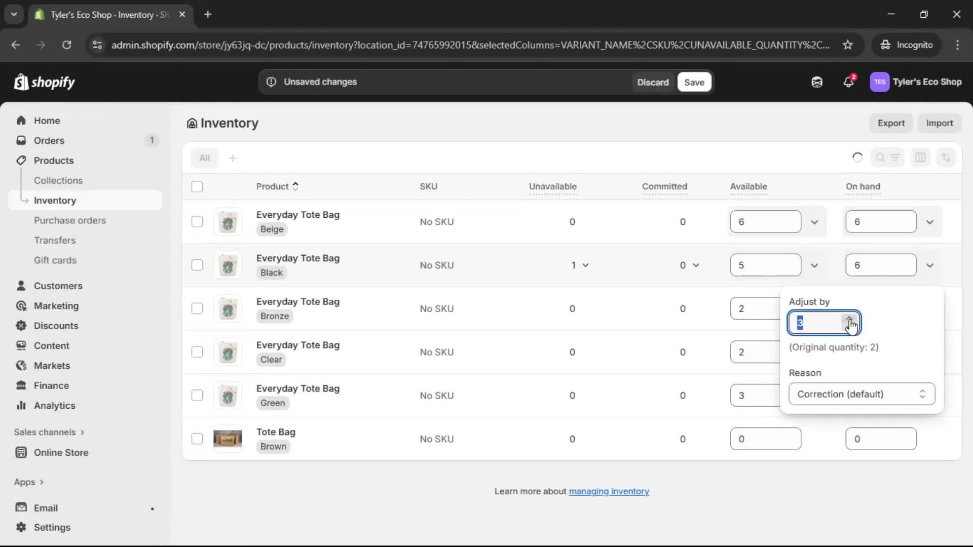 Managing inventory screenshot