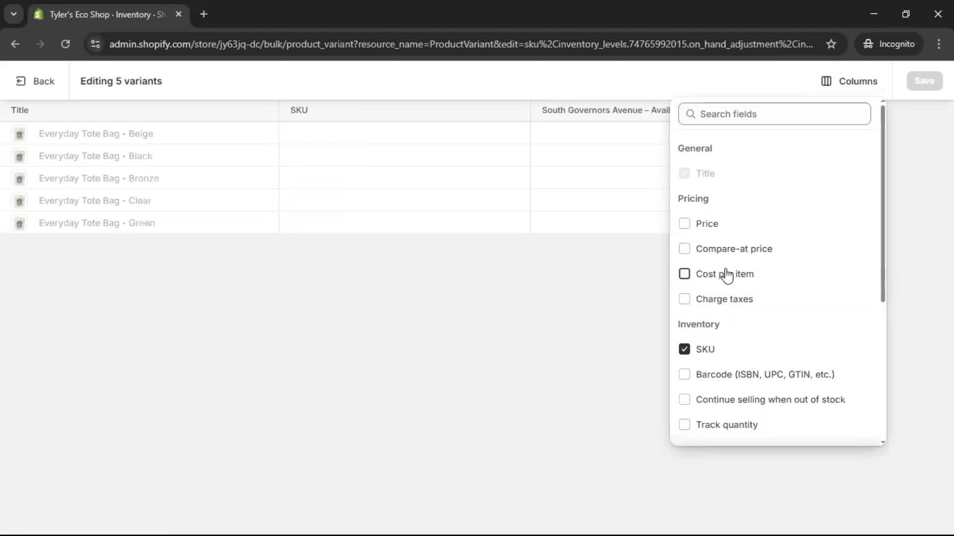 Managing inventory screenshot