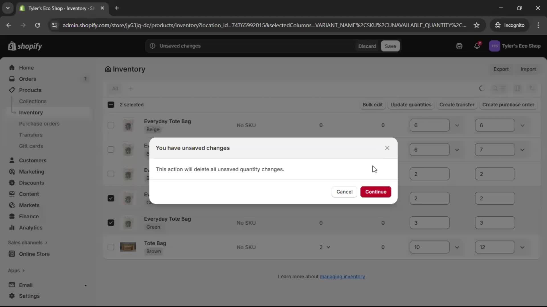 Managing inventory screenshot