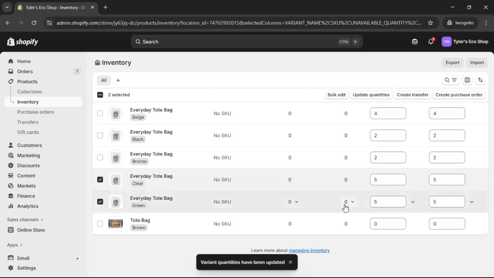 Managing inventory screenshot