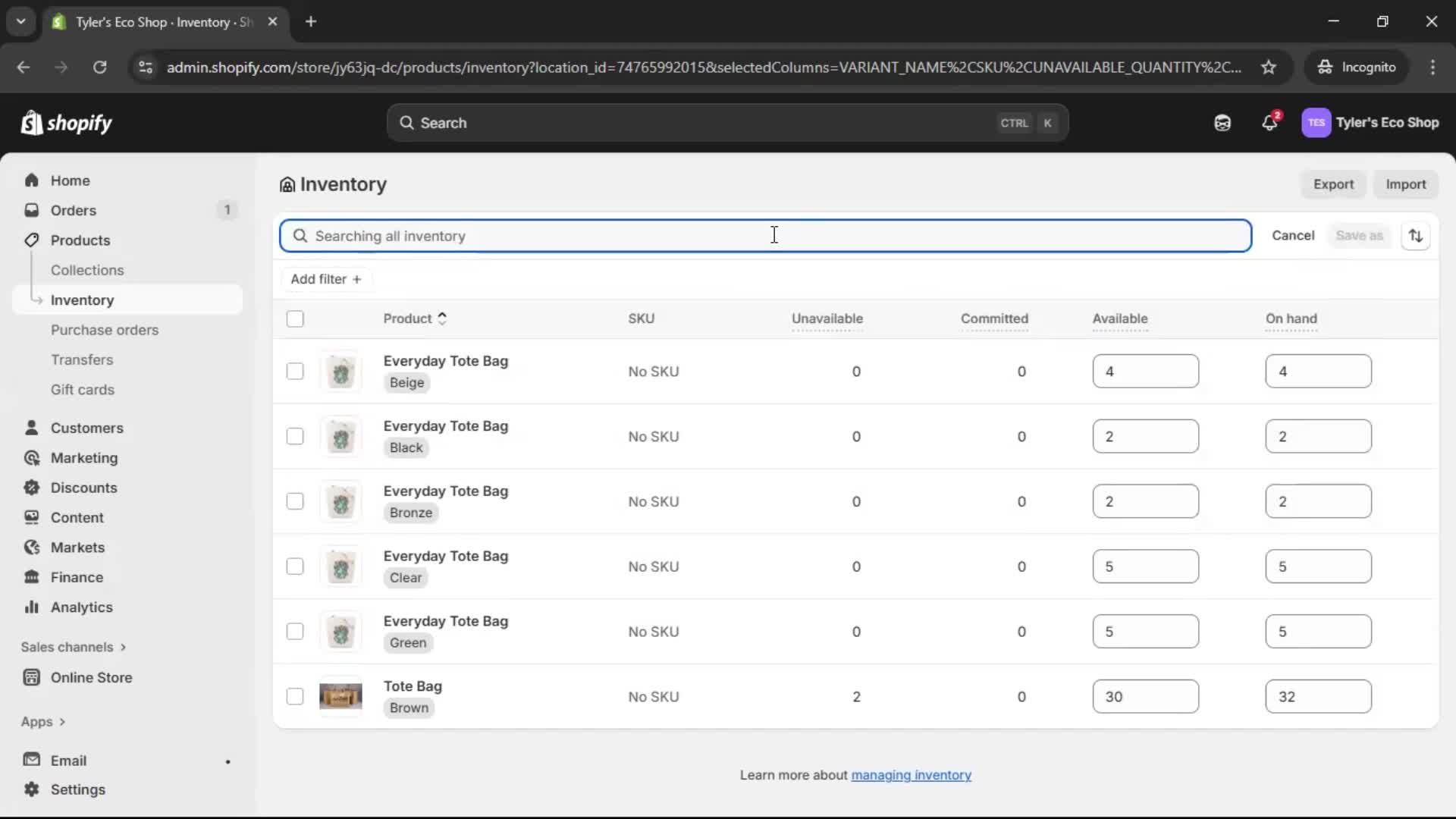 Managing inventory screenshot