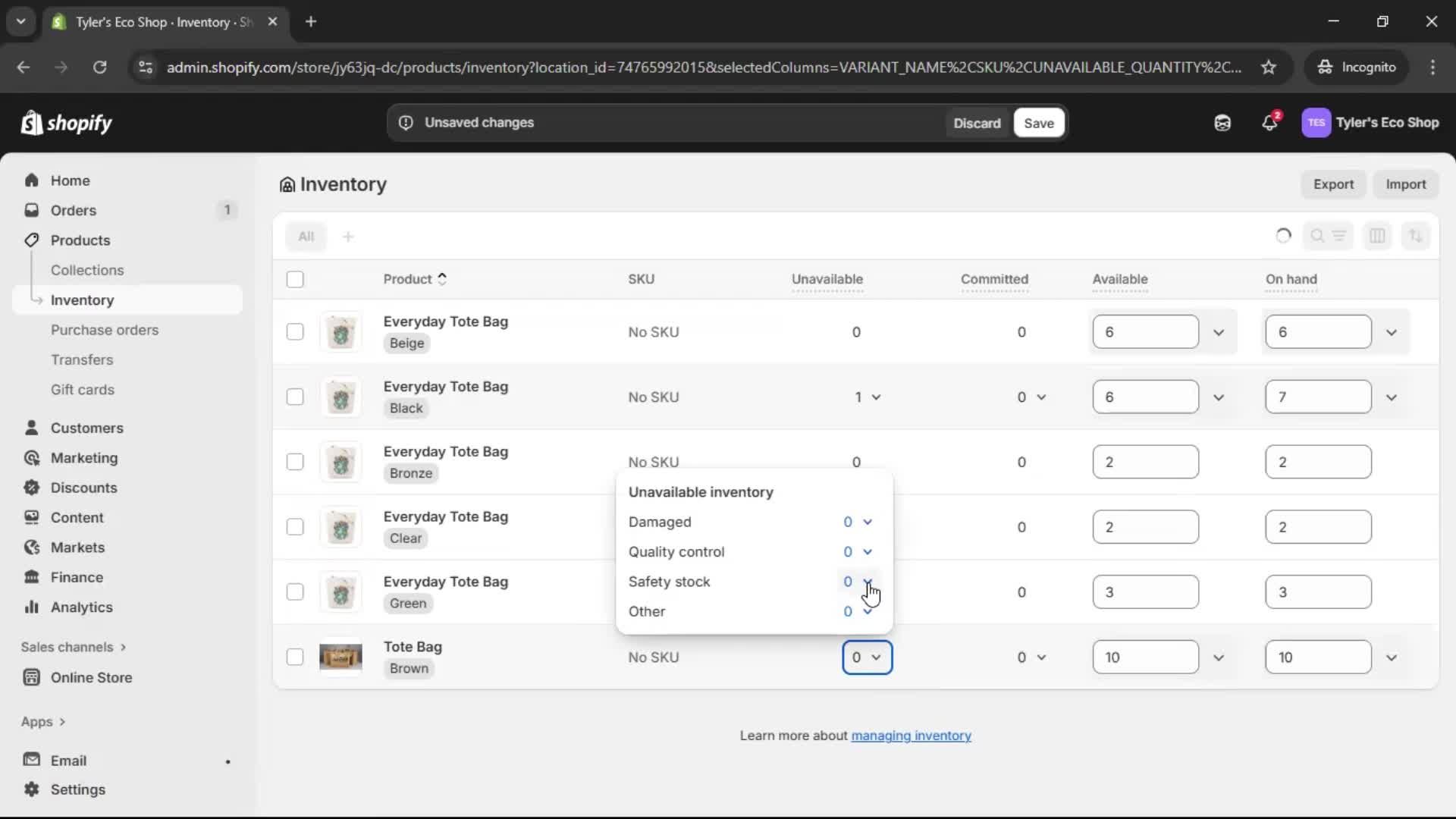 Managing inventory screenshot