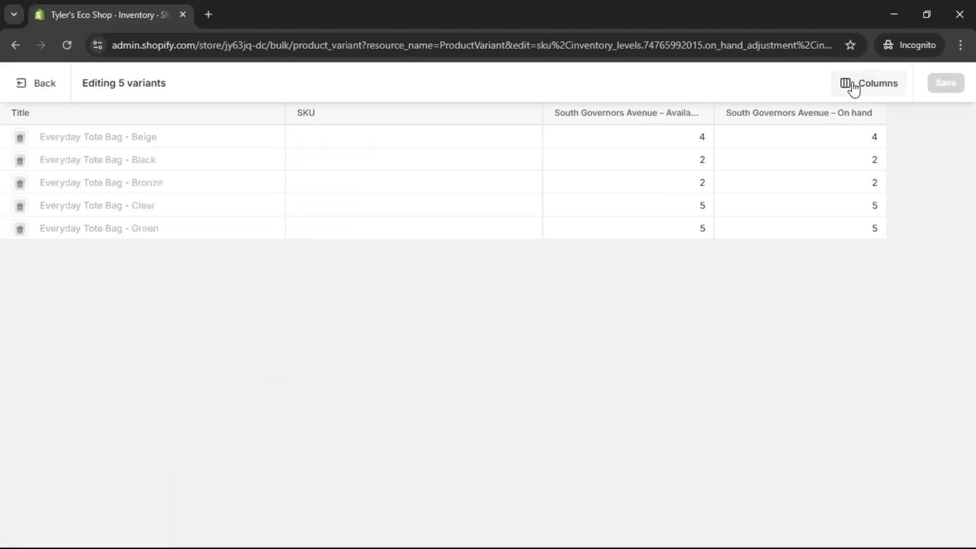 Managing inventory screenshot