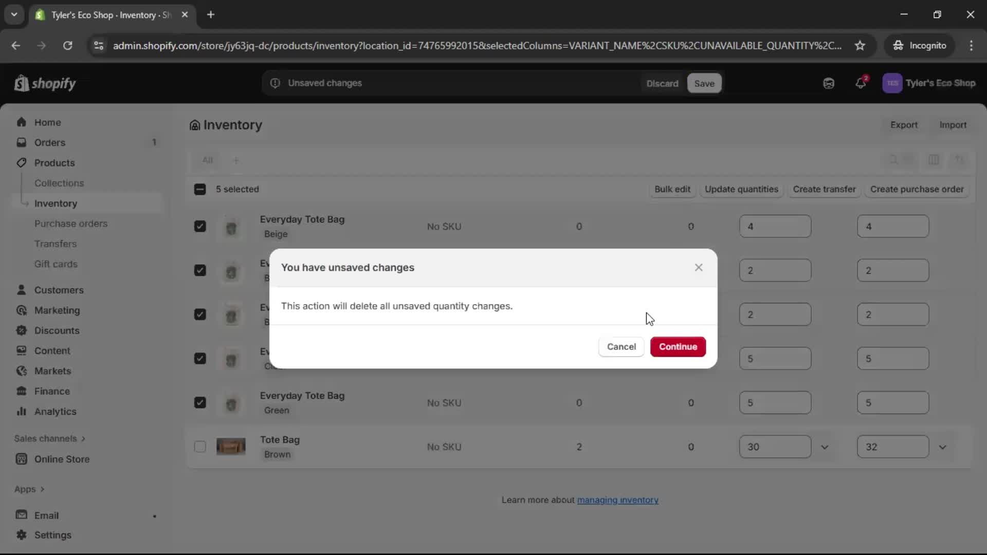 Managing inventory screenshot