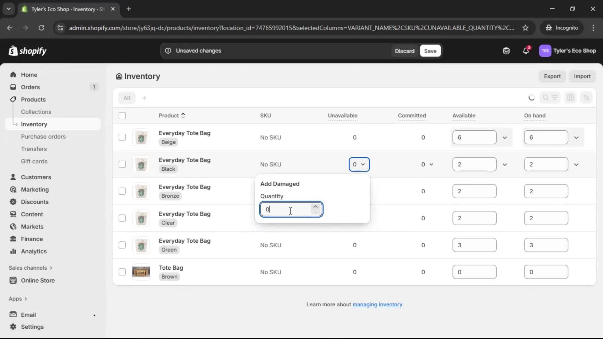 Managing inventory screenshot