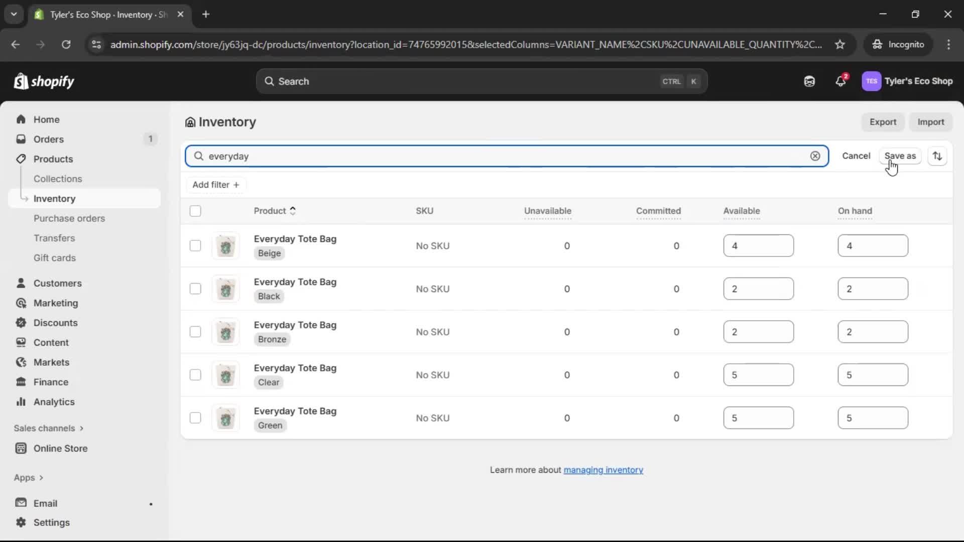 Managing inventory screenshot